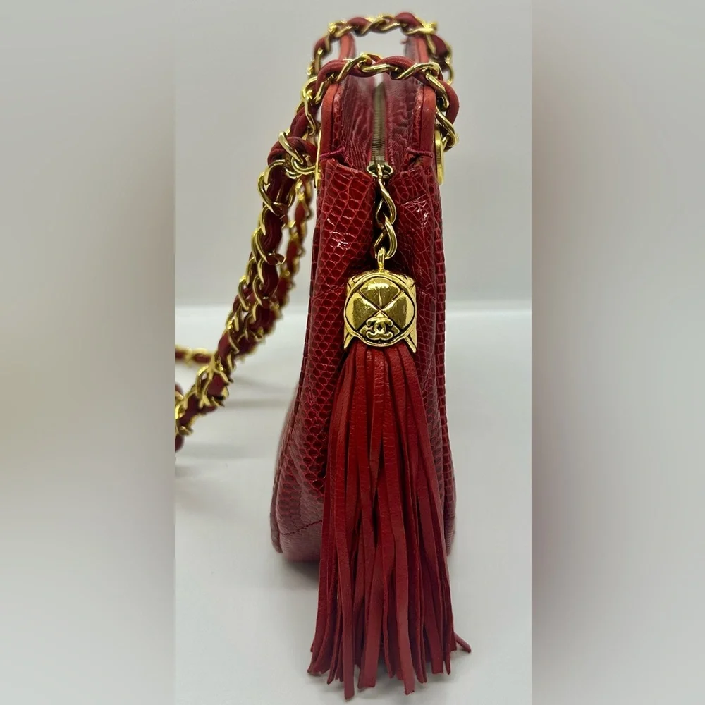 CHANEL Vintage Red Lizard Skin Hexagon Gold Chain Shoulder Bag